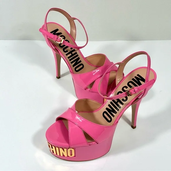 Moschino Logo Leather Platform Stiletto Sandals Heels Pink Gold NEW